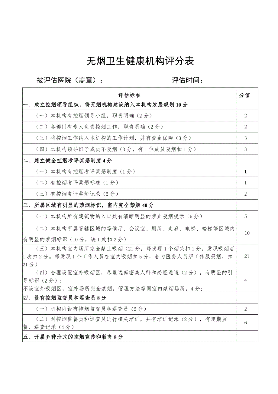 无烟卫生健康机构评分表.docx_第1页