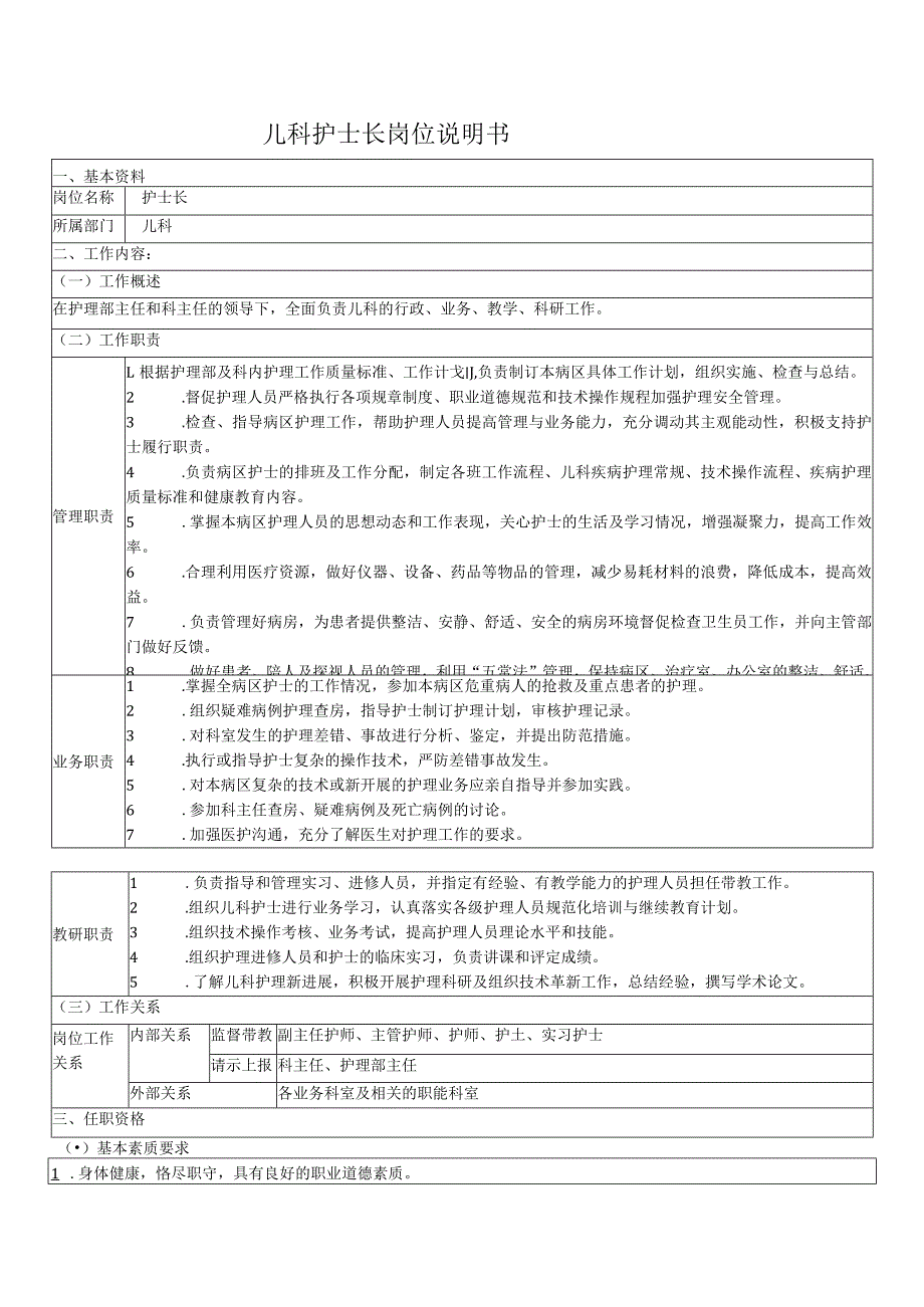 儿科护士长岗位说明书.docx_第1页