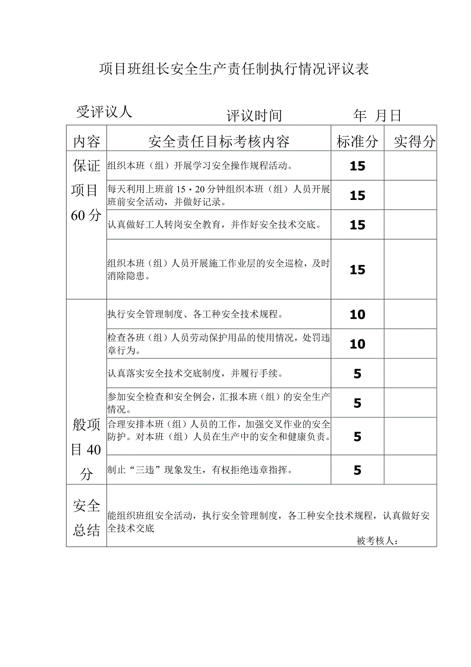 项目班组长安全生产责任制执行情况评议表.docx_第1页