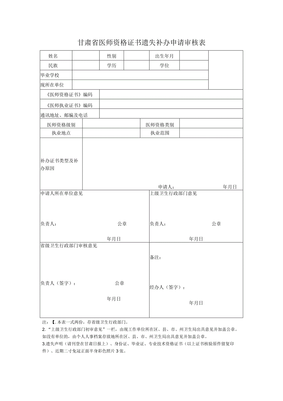 甘肃省医师资格证书遗失补办申请审核表.docx_第1页