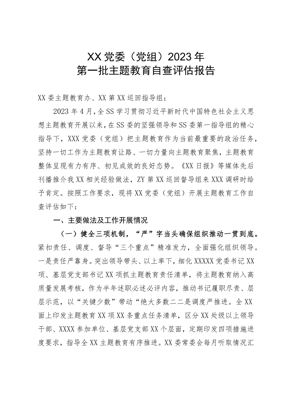 XX党委（党组）2023年第一批主题教育自查评估报告.docx_第1页