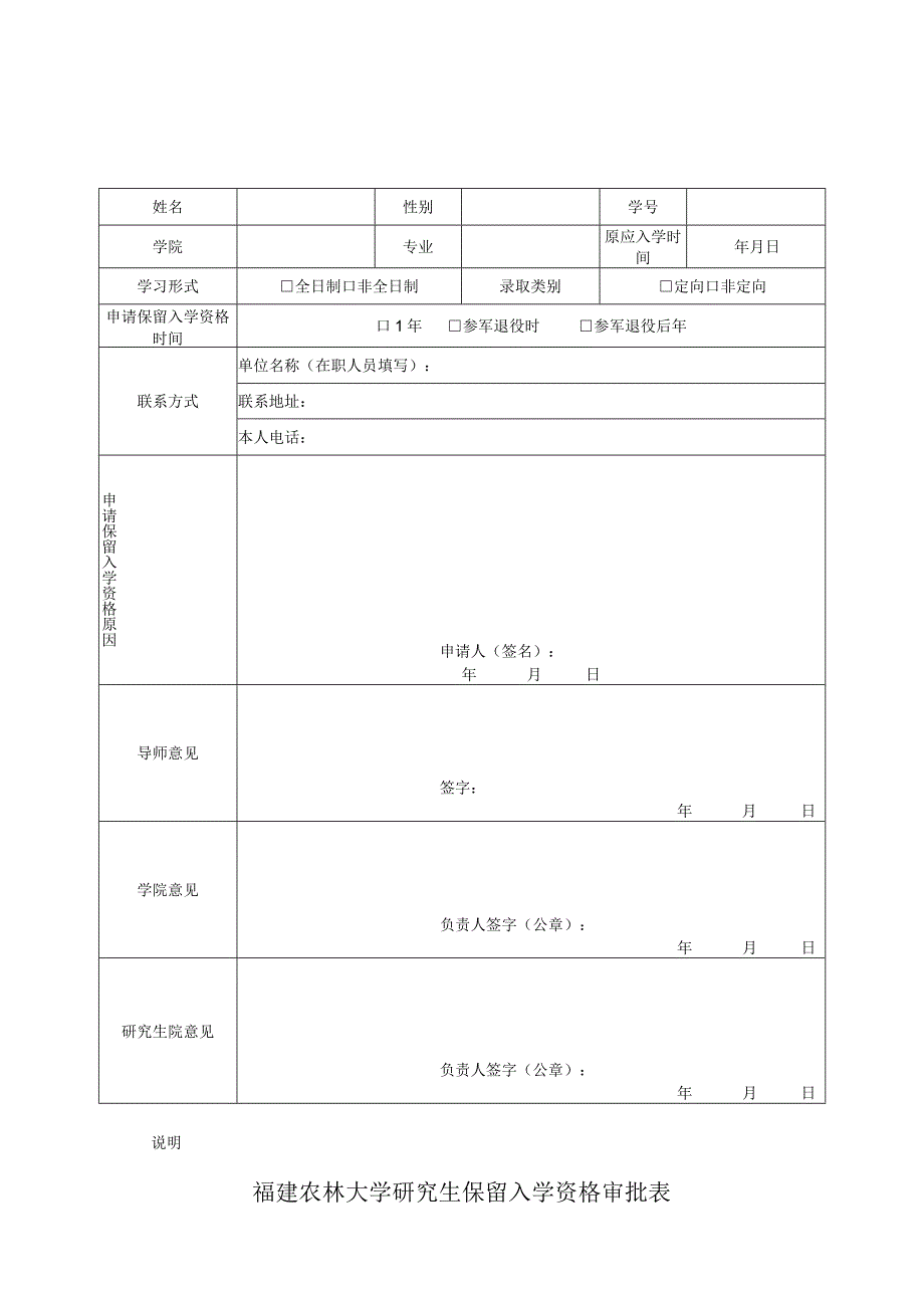 福建农林大学研究生保留入学资格审批表.docx_第1页