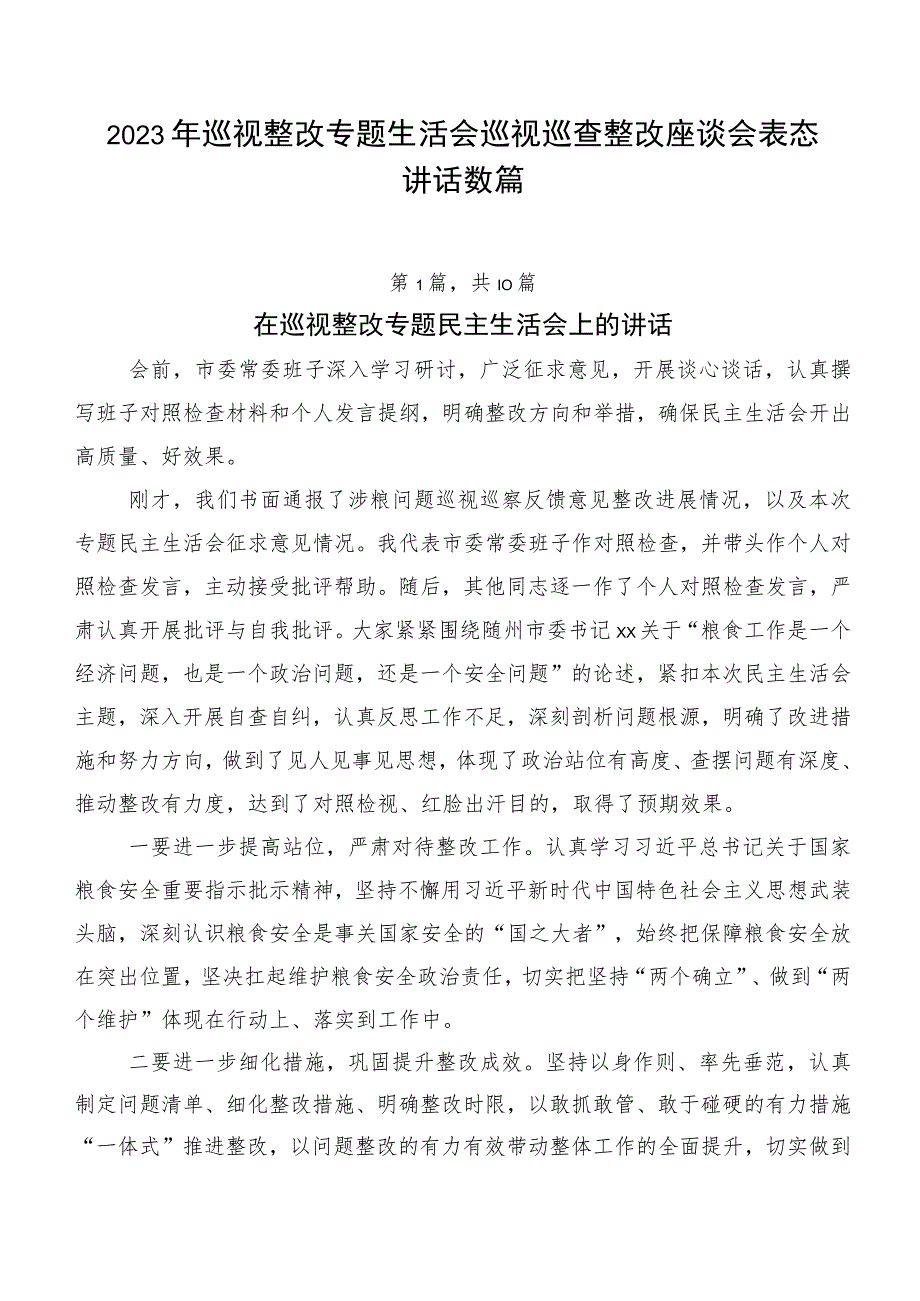 2023年巡视整改专题生活会巡视巡查整改座谈会表态讲话数篇.docx_第1页