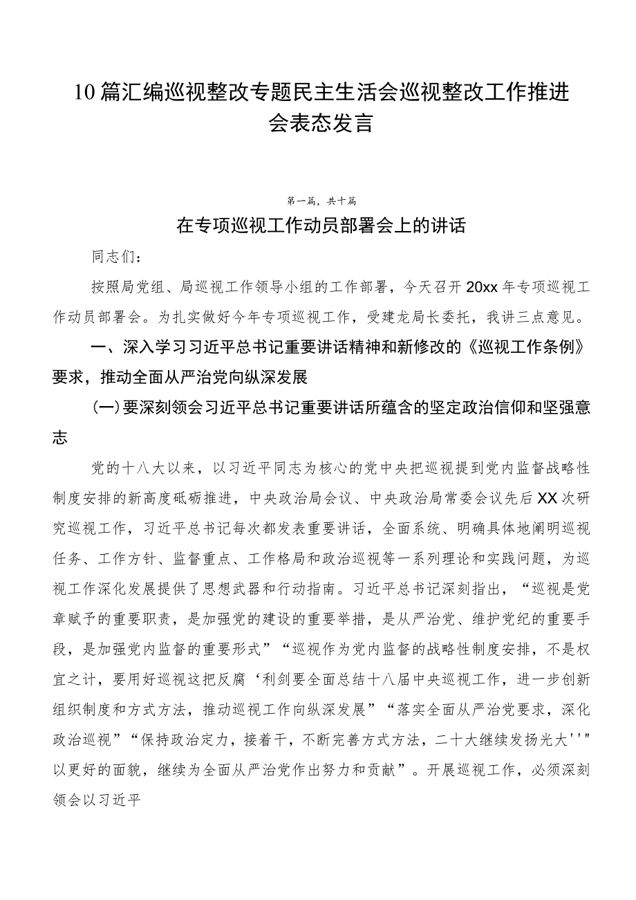 10篇汇编巡视整改专题民主生活会巡视整改工作推进会表态发言.docx_第1页