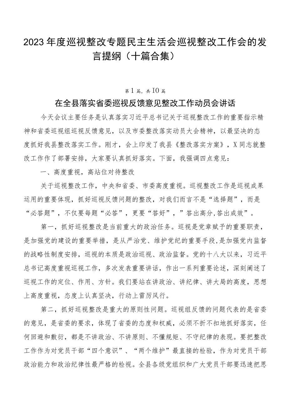 2023年度巡视整改专题民主生活会巡视整改工作会的发言提纲（十篇合集）.docx_第1页