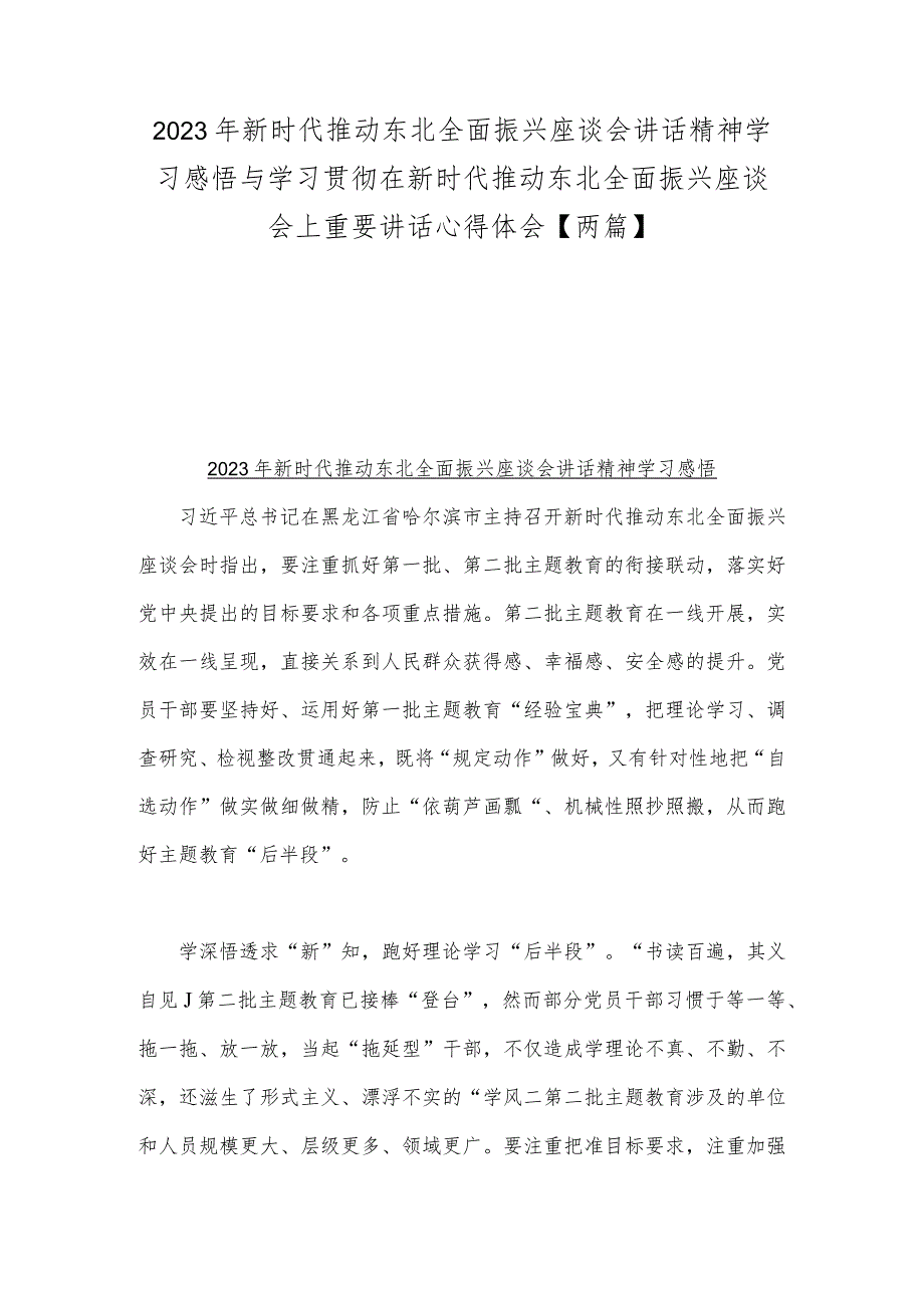 2023年新时代推动东北全面振兴座谈会讲话精神学习感悟与学习贯彻在新时代推动东北全面振兴座谈会上重要讲话心得体会【两篇】.docx_第1页