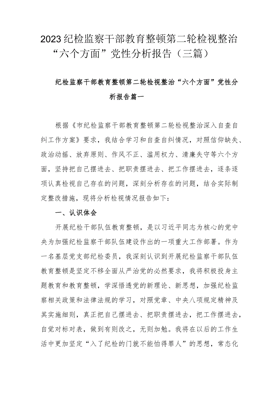 2023纪检监察干部教育整顿第二轮检视整治“六个方面”党性分析报告（三篇）.docx_第1页