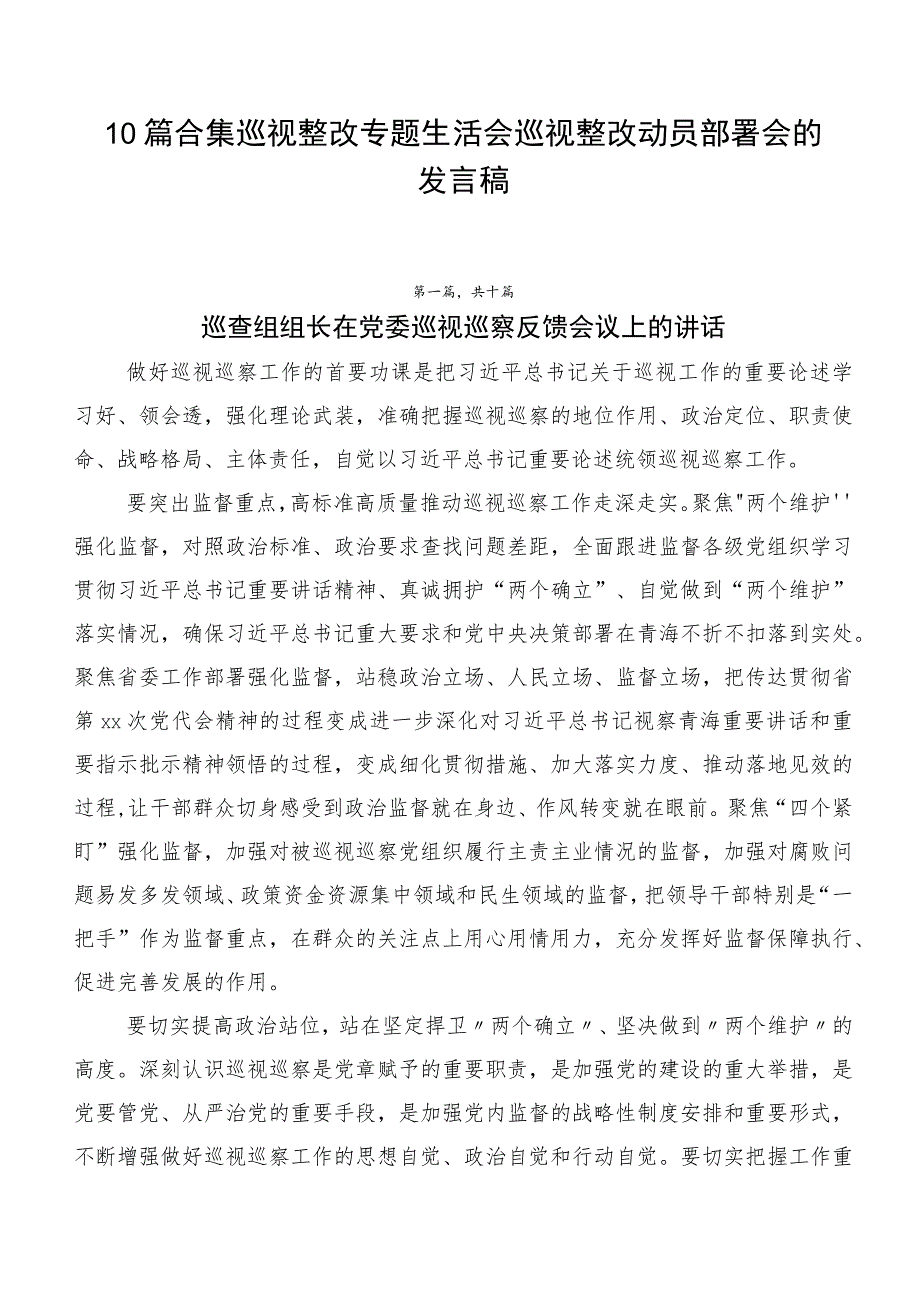 10篇合集巡视整改专题生活会巡视整改动员部署会的发言稿.docx_第1页