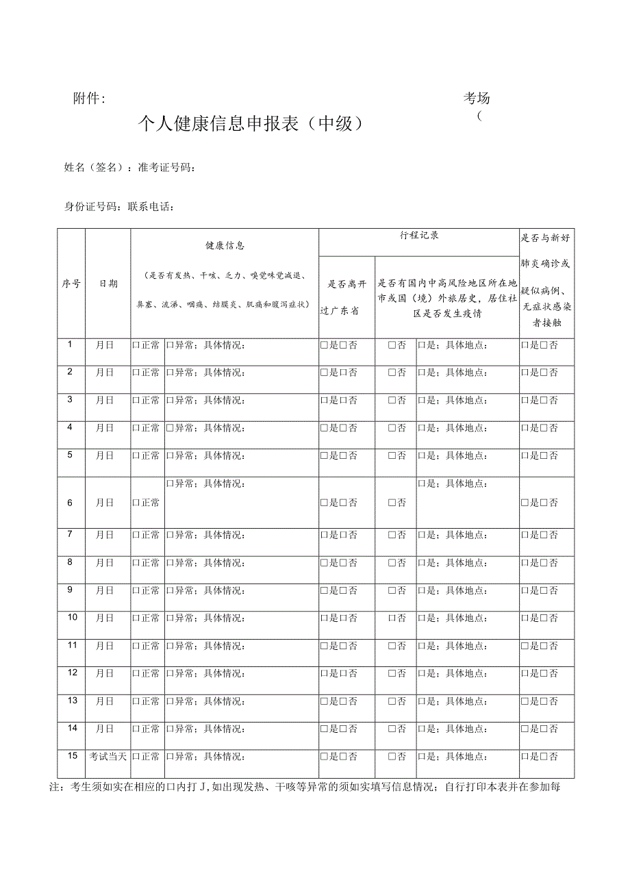 考场号个人健康信息申报表中级.docx_第1页