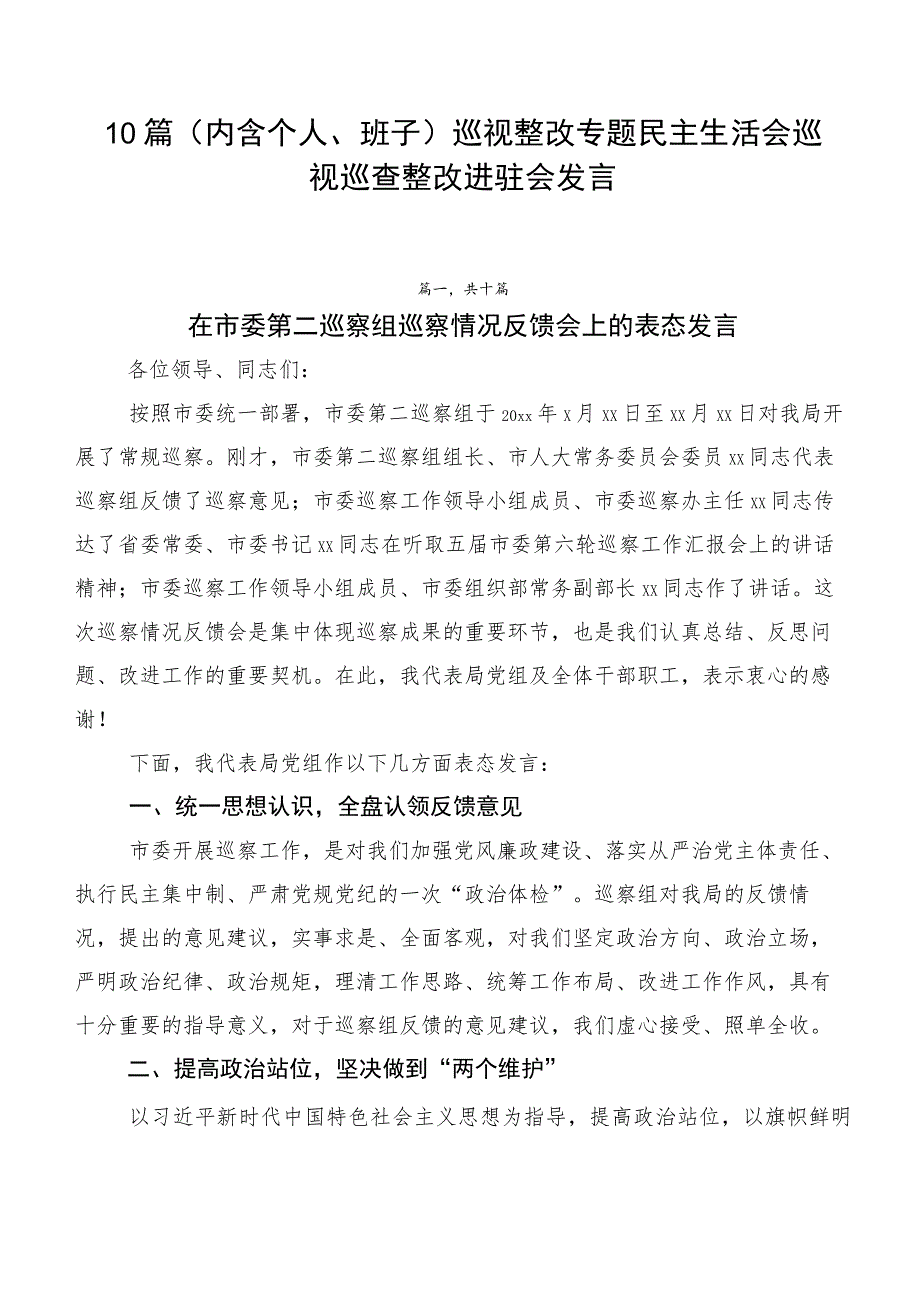 10篇巡视整改专题民主生活会巡视巡查整改进驻会发言.docx_第1页