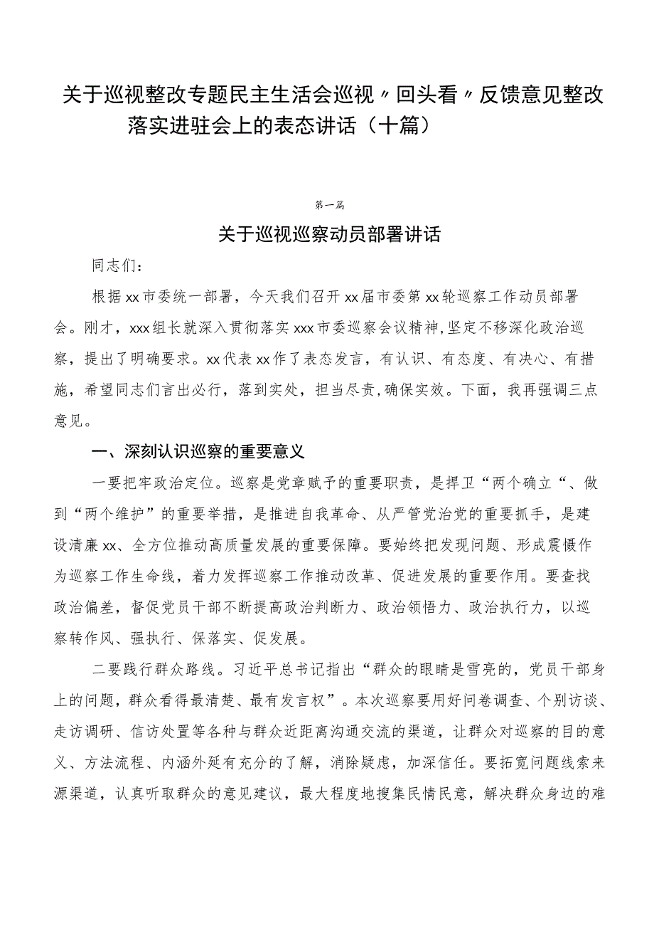 关于巡视整改专题民主生活会巡视“回头看”反馈意见整改落实进驻会上的表态讲话（十篇）.docx_第1页