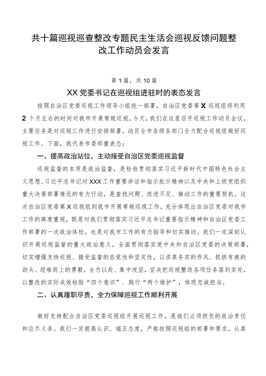 共十篇巡视巡查整改专题民主生活会巡视反馈问题整改工作动员会发言.docx_第1页