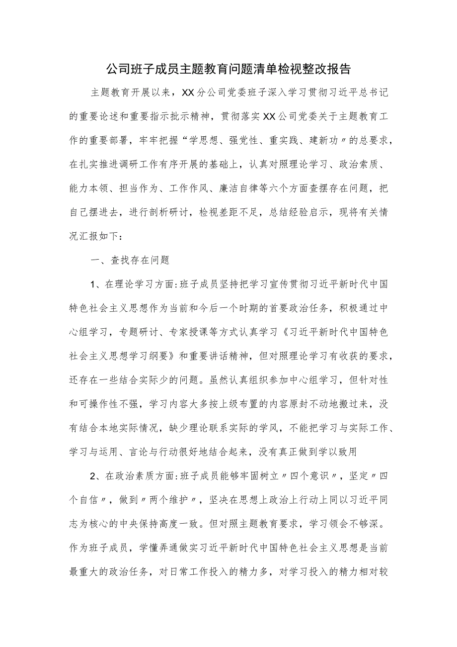 公司班子成员主题教育问题清单检视整改报告.docx_第1页