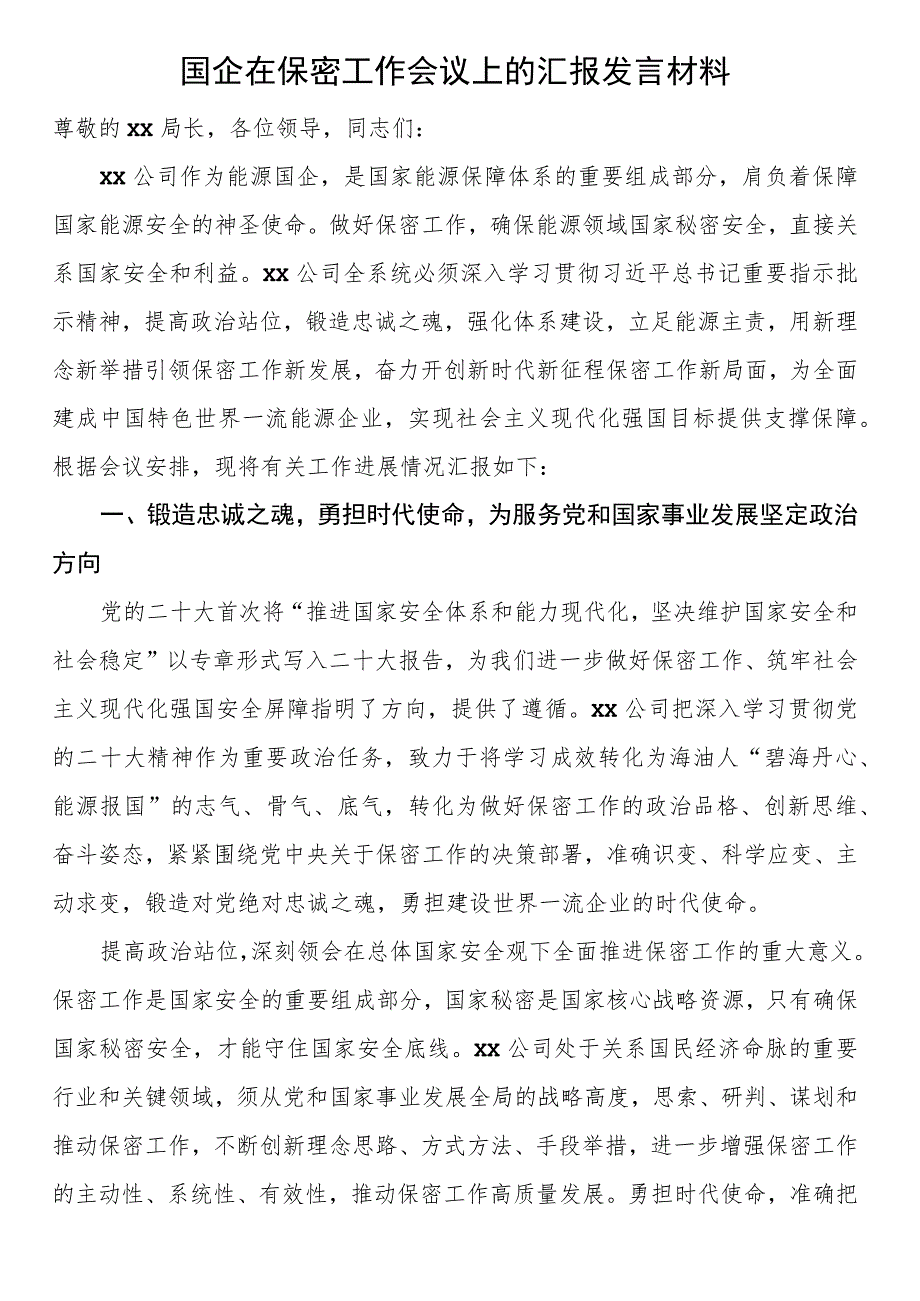 国企在保密工作会议上的汇报发言材料.docx_第1页