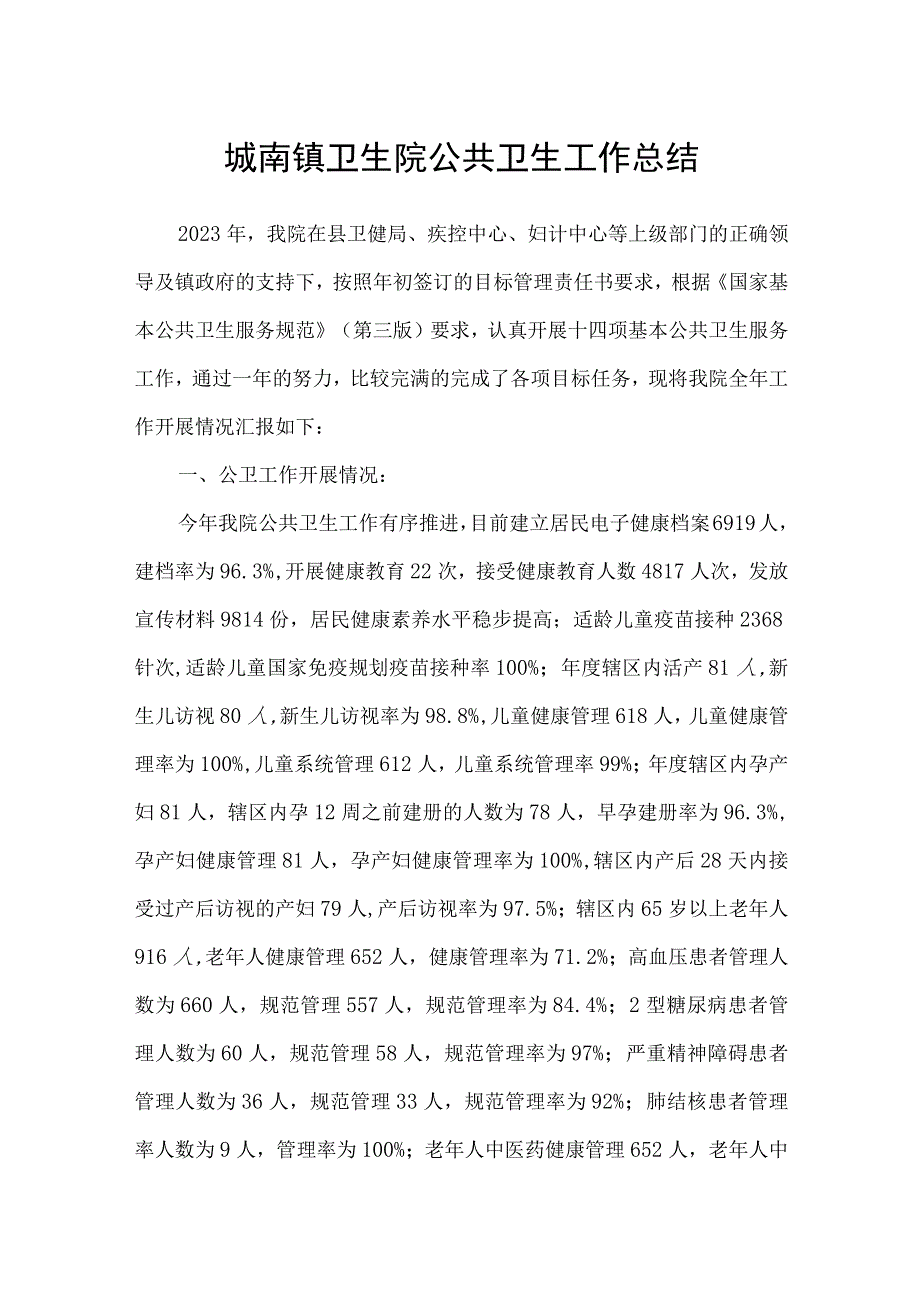 城南镇卫生院公共卫生工作总结.docx_第1页