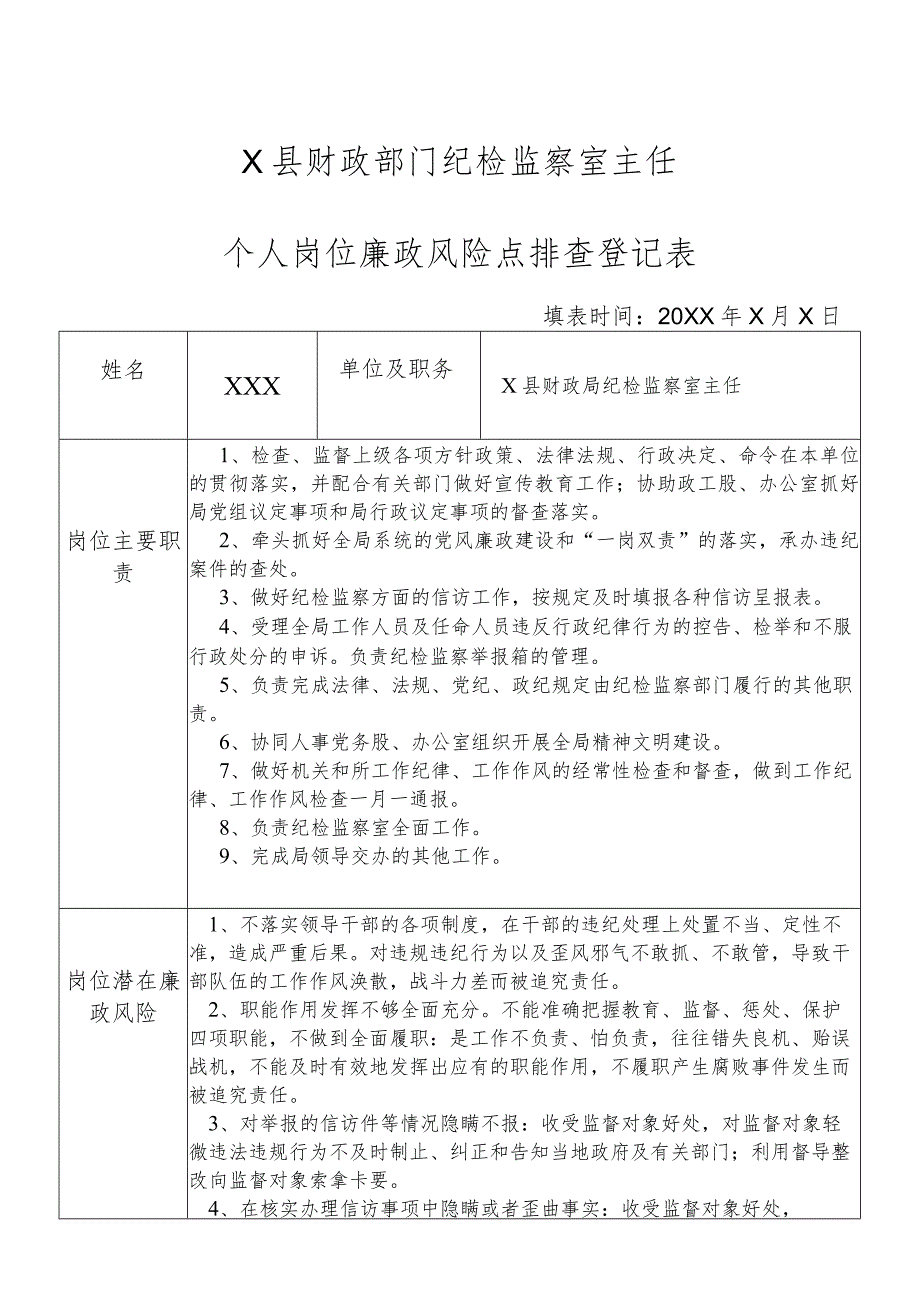 某县财政部门部门纪检监察室主任个人岗位廉政风险点排查登记表.docx_第1页