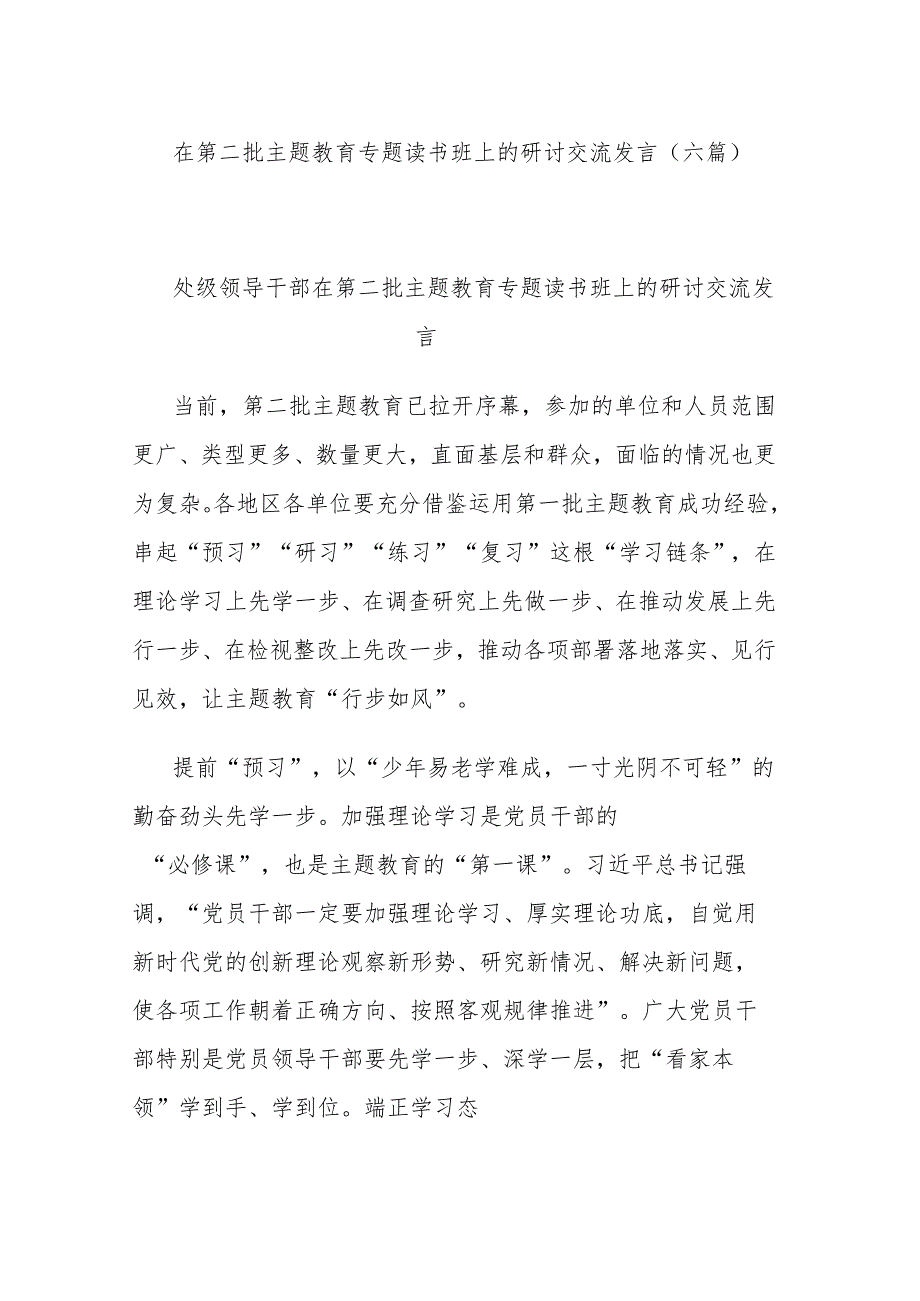 在第二批主题教育专题读书班上的研讨交流发言(六篇).docx_第1页