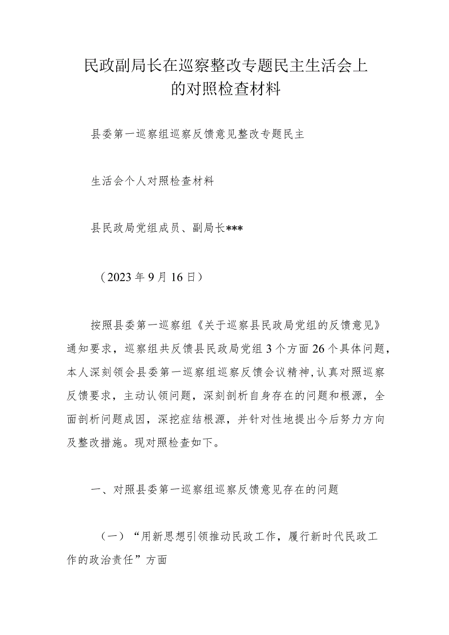 民政副局长在巡察整改专题民主生活会上的对照检查材料.docx_第1页