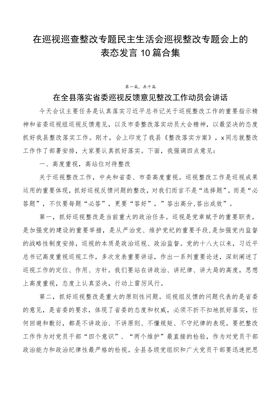 在巡视巡查整改专题民主生活会巡视整改专题会上的表态发言10篇合集.docx_第1页