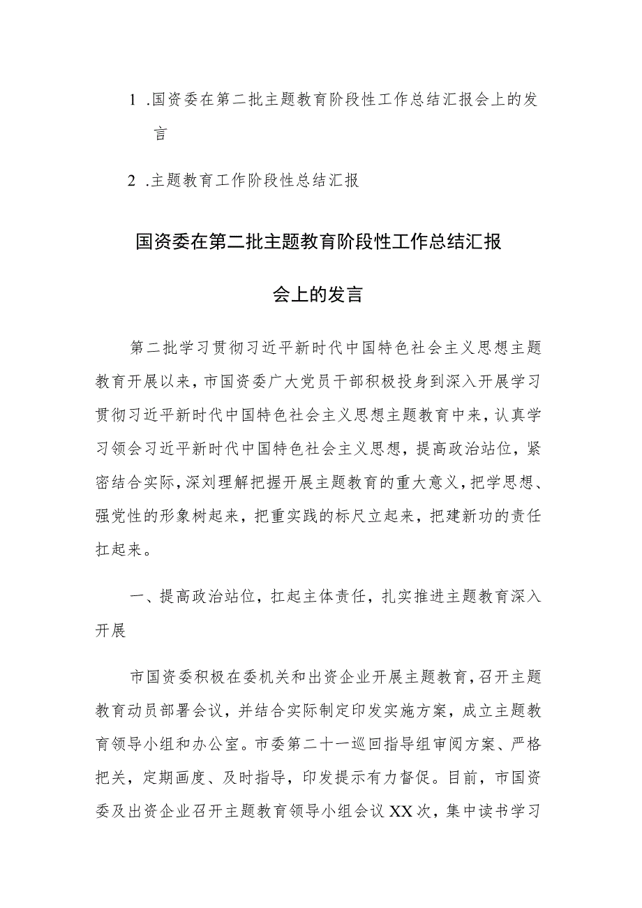 第二批主题教育阶段性工作总结汇报及发言范文2篇.docx_第1页