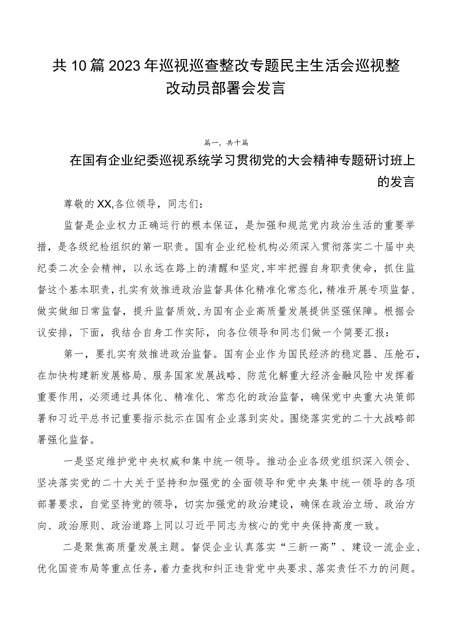 共10篇2023年巡视巡查整改专题民主生活会巡视整改动员部署会发言.docx_第1页