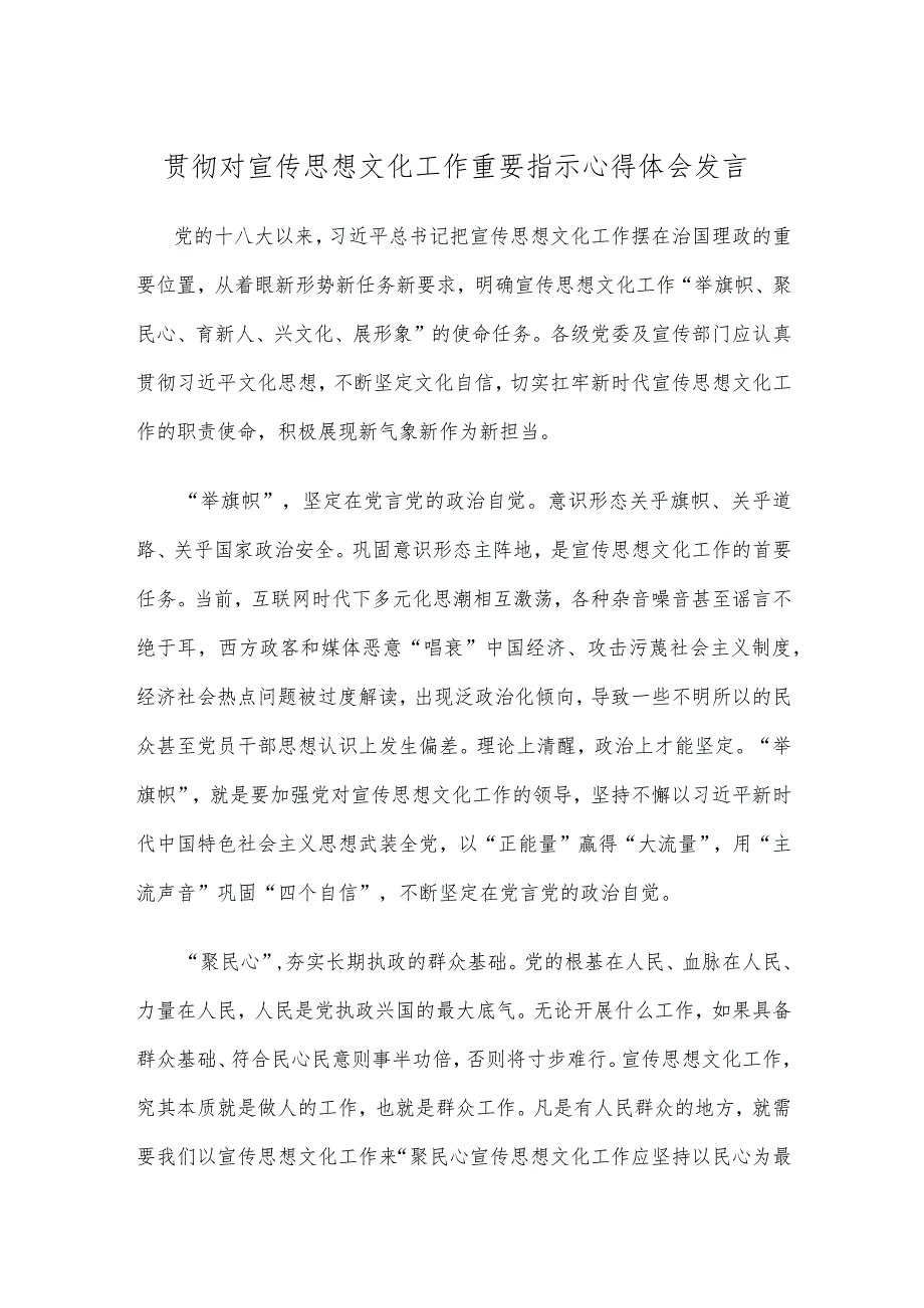 贯彻对宣传思想文化工作重要指示心得体会发言.docx_第1页