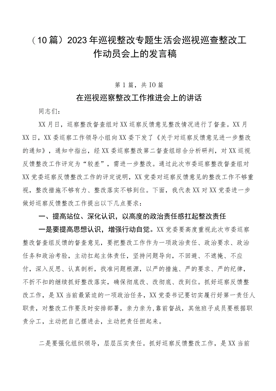 （10篇）2023年巡视整改专题生活会巡视巡查整改工作动员会上的发言稿.docx_第1页