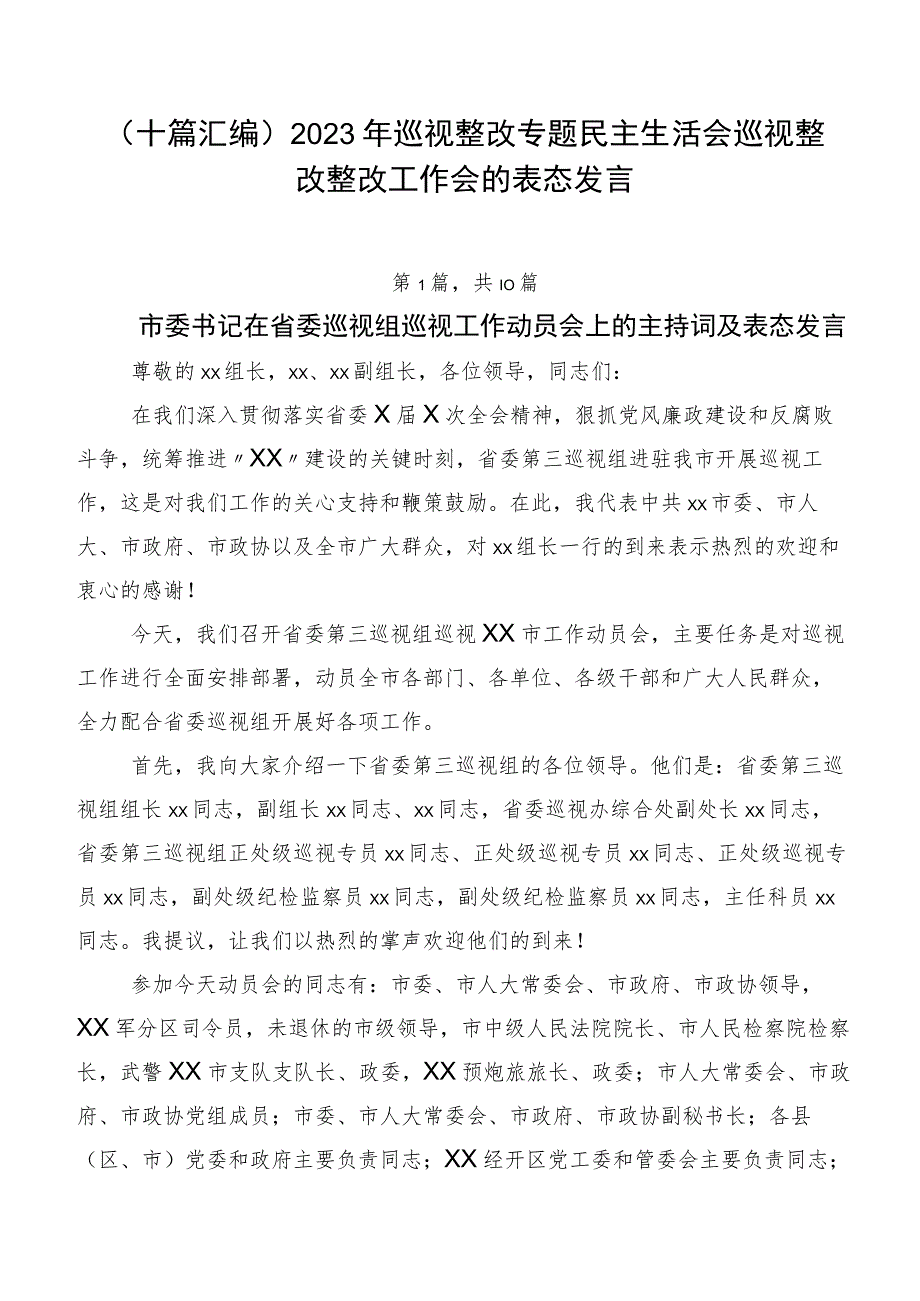 （十篇汇编）2023年巡视整改专题民主生活会巡视整改整改工作会的表态发言.docx_第1页