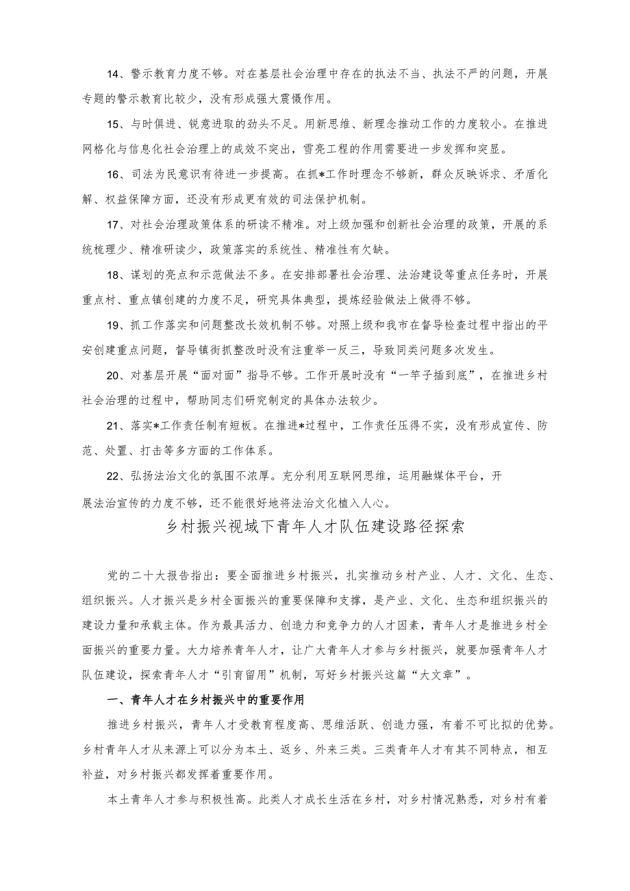 （2篇）在民主生活会对政法委书记提出的批评意见+乡村振兴视域下青年人才队伍建设路径探索.docx_第2页