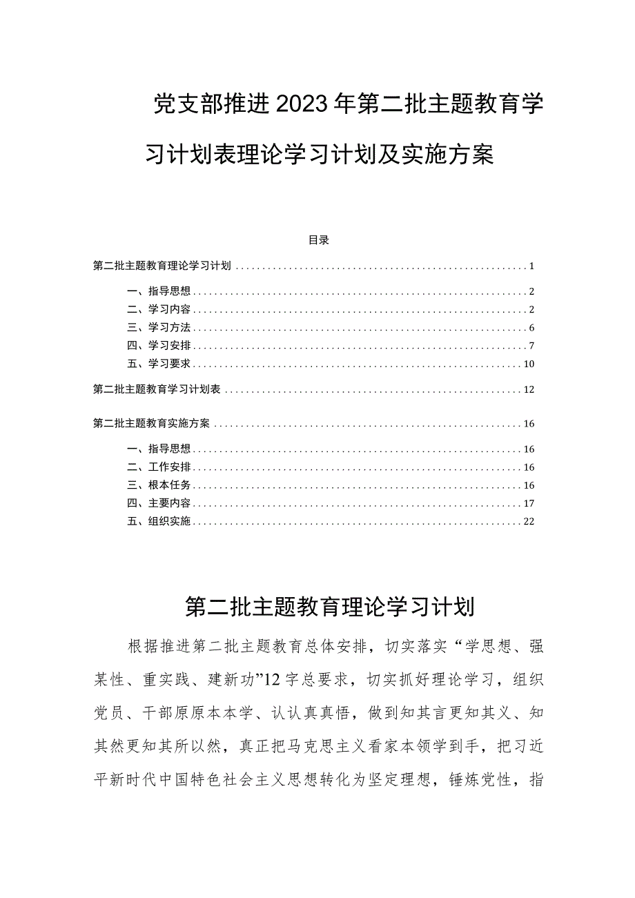 党支部推进2023年第二批主题教育学习计划表理论学习计划及实施方案.docx_第1页