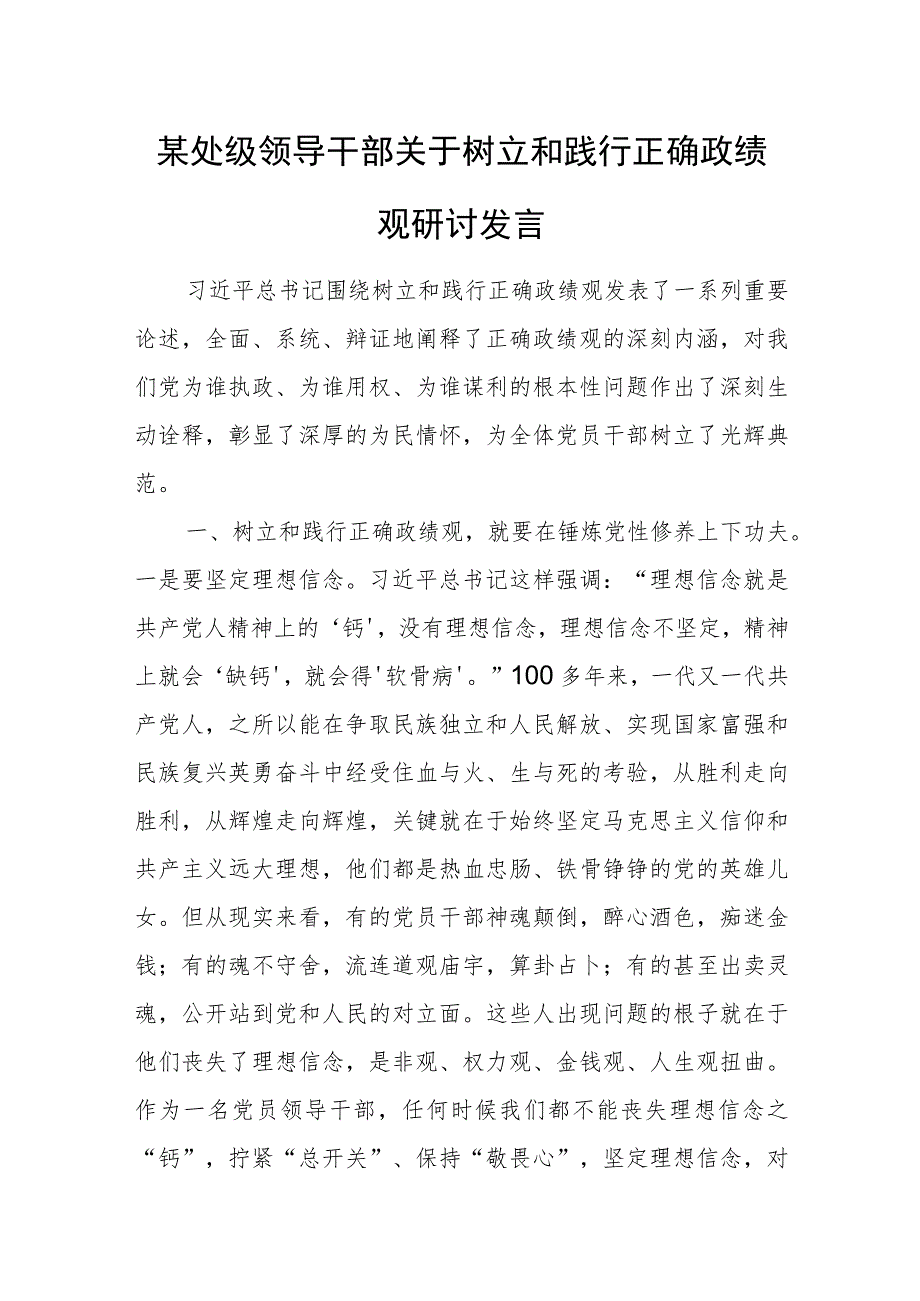 某处级领导干部关于树立和践行正确政绩观研讨发言.docx_第1页