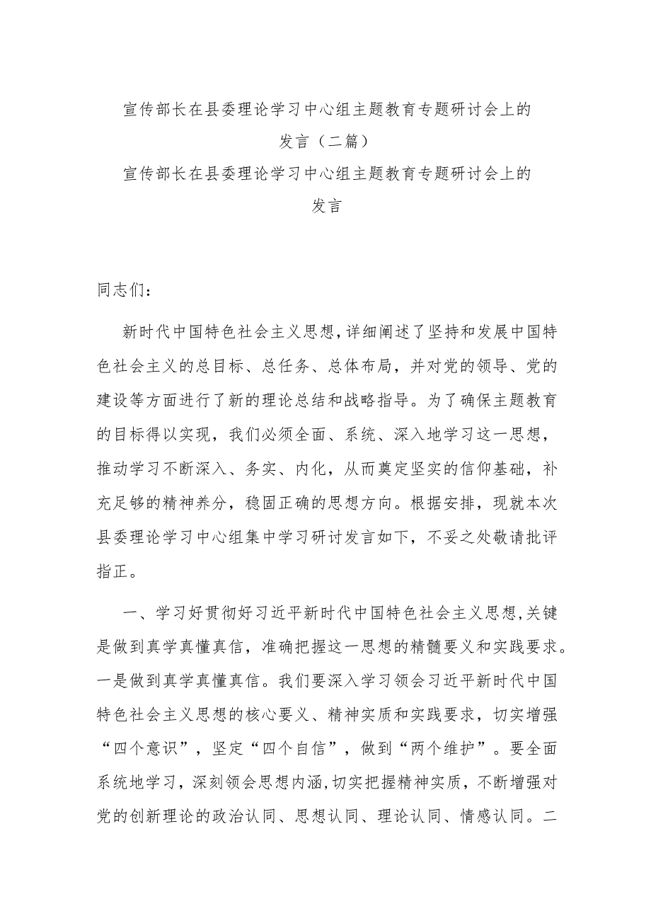 宣传部长在县委理论学习中心组主题教育专题研讨会上的发言(二篇).docx_第1页