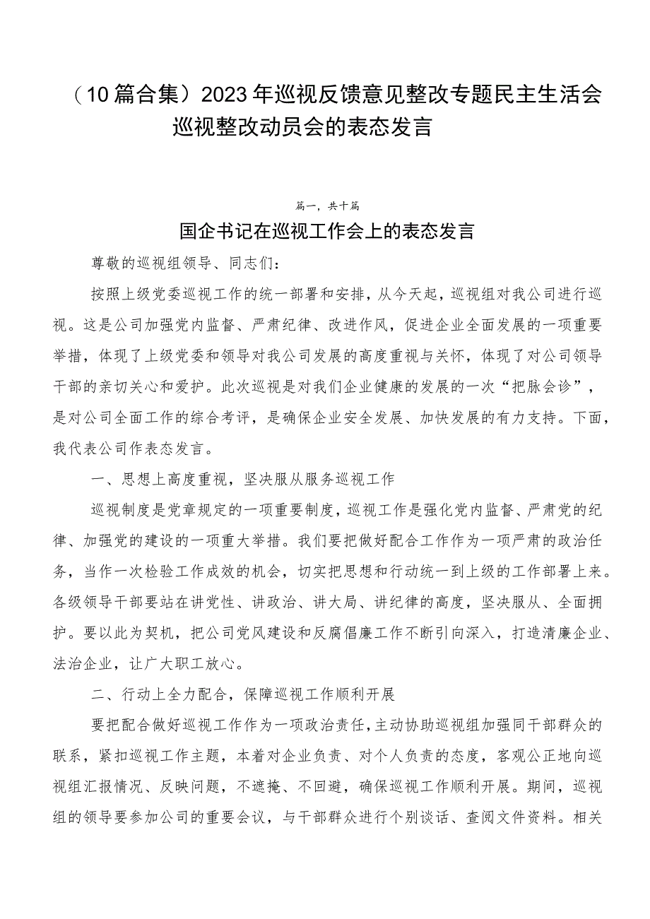 （10篇合集）2023年巡视反馈意见整改专题民主生活会巡视整改动员会的表态发言.docx_第1页