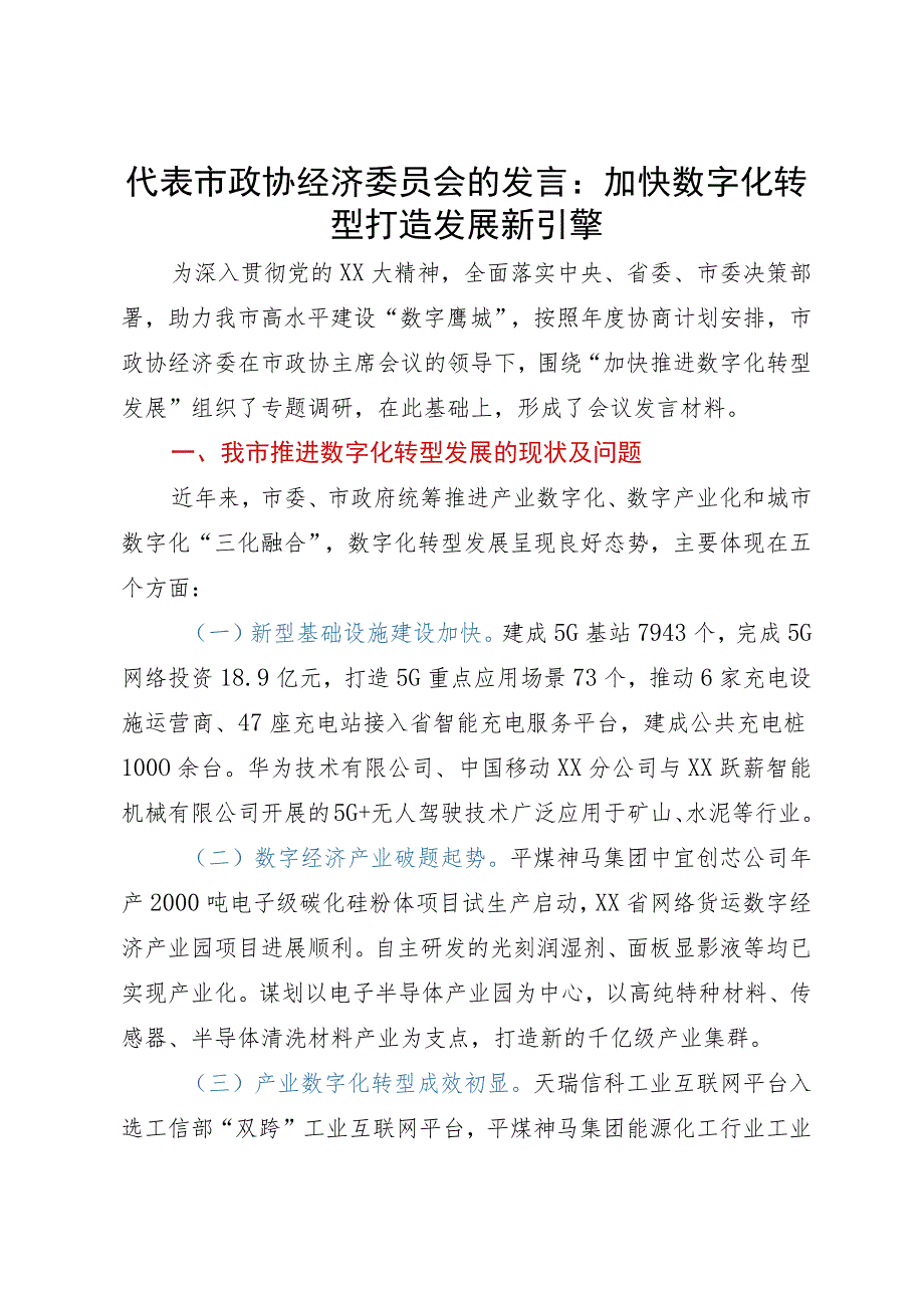 代表市政协经济委员会的发言：加快数字化转型打造发展新引擎.docx_第1页