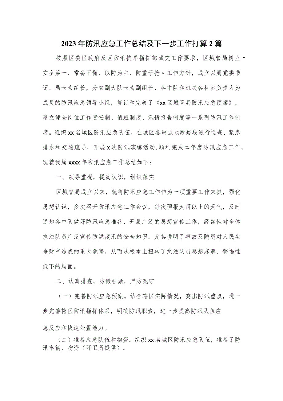 2023年防汛应急工作总结及下一步工作打算2篇.docx_第1页