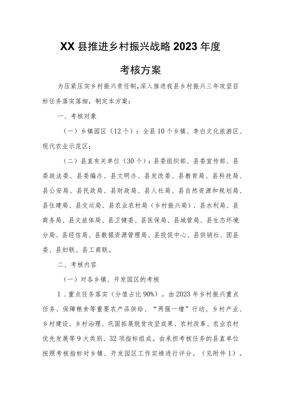 XX县推进乡村振兴战略2023年度考核方案.docx_第1页