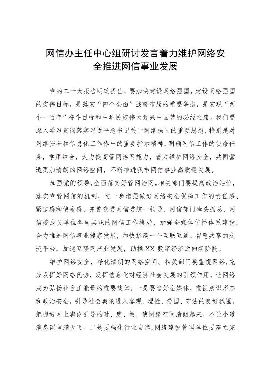 网信办主任中心组研讨发言：着力维护网络安全推进网信事业发展.docx_第1页