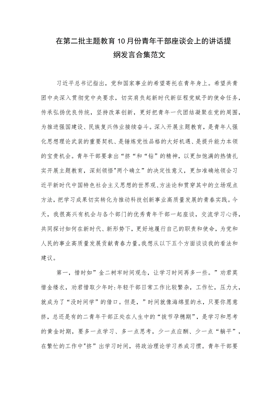 在第二批主题教育10月份青年干部座谈会上的讲话提纲发言合集范文.docx_第1页