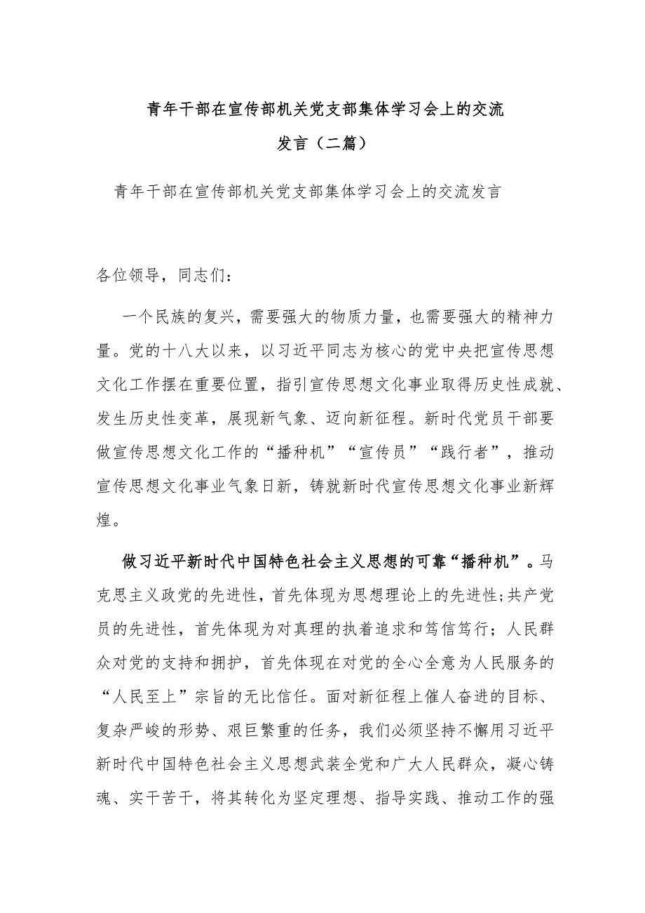 青年干部在宣传部机关党支部集体学习会上的交流发言(二篇).docx_第1页