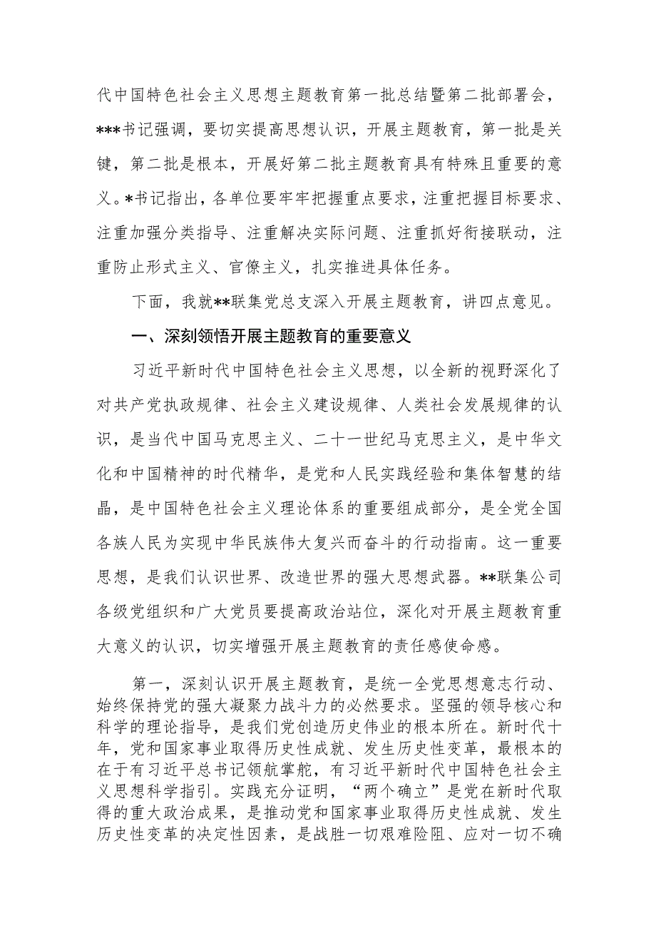 在公司党总支2023年开展学习贯彻第二批主题教育专题工作会议上的讲话发言.docx_第2页