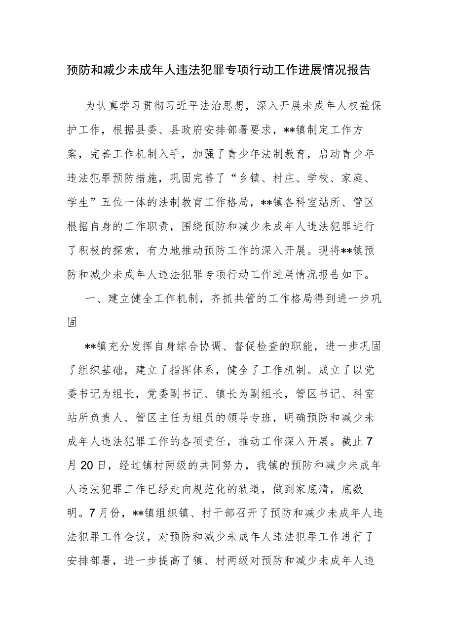 预防和减少未成年人违法犯罪专项行动工作进展情况报告.docx_第1页