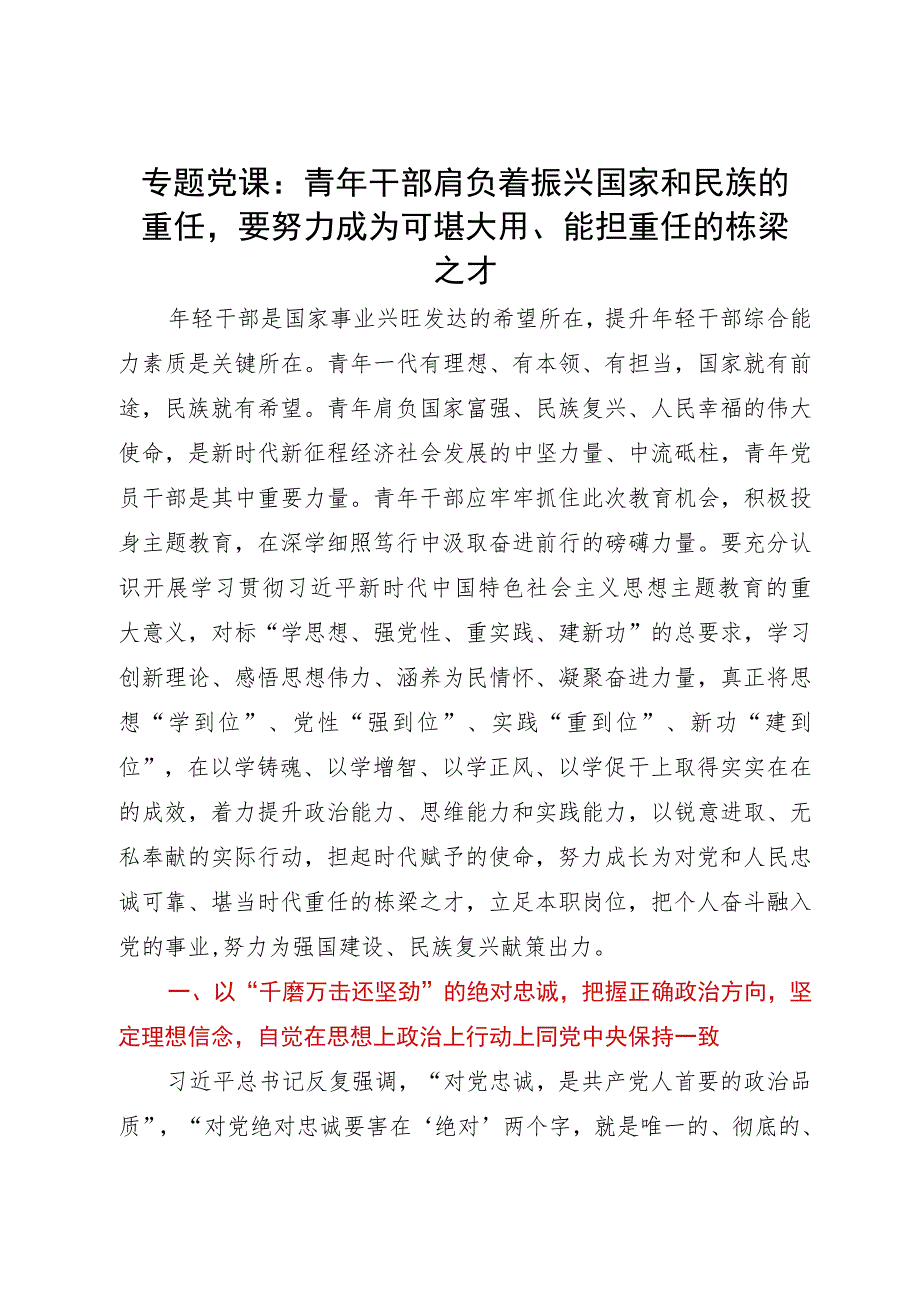 主题教育专题党课：青年干部肩负着振兴国家和民族的重任 要努力成为可堪大用、能担重任的栋梁之才.docx_第1页