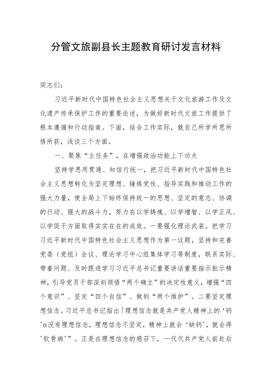 副县长2023年第二批主题教育研讨发言材料（分管文旅工作）.docx_第1页