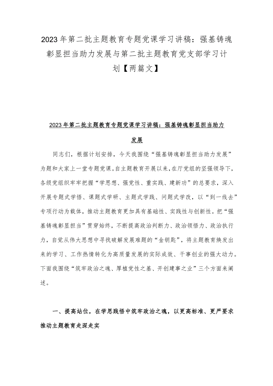 2023年第二批主题教育专题党课学习讲稿：强基铸魂彰显担当助力发展与第二批主题教育党支部学习计划【两篇文】.docx_第1页