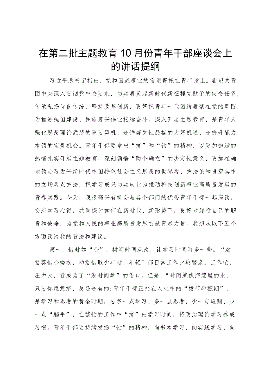 在第二批主题教育10月份青年干部座谈会上的讲话提纲.docx_第1页