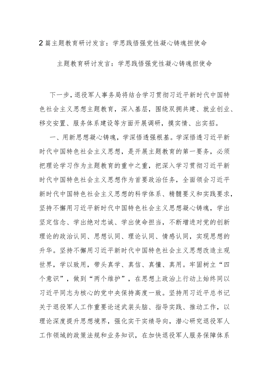 2篇主题教育研讨发言：学思践悟强党性 凝心铸魂担使命.docx_第1页