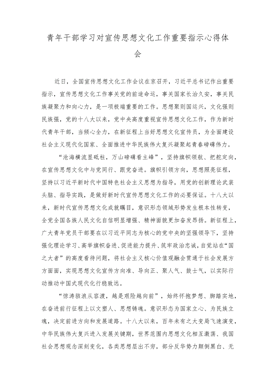 （5篇）青年干部学习对宣传思想文化工作重要指示心得体会（在2023年读书班上的研讨交流发言稿）.docx_第1页