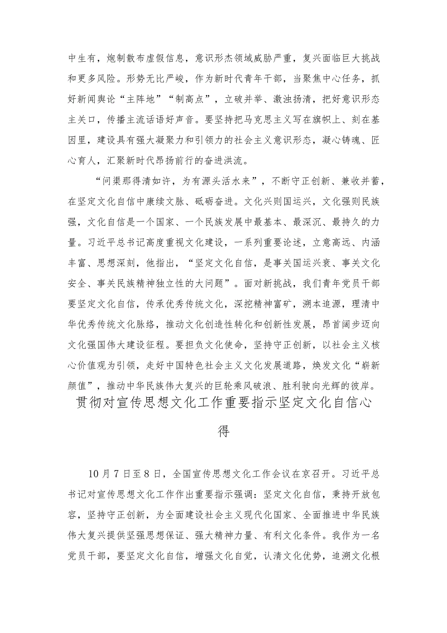 （5篇）青年干部学习对宣传思想文化工作重要指示心得体会（在2023年读书班上的研讨交流发言稿）.docx_第2页