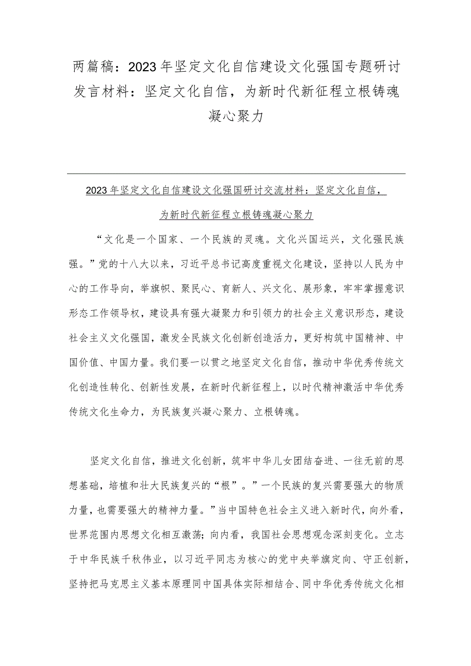 两篇稿：2023年坚定文化自信建设文化强国专题研讨发言材料：坚定文化自信为新时代新征程立根铸魂凝心聚力.docx_第1页