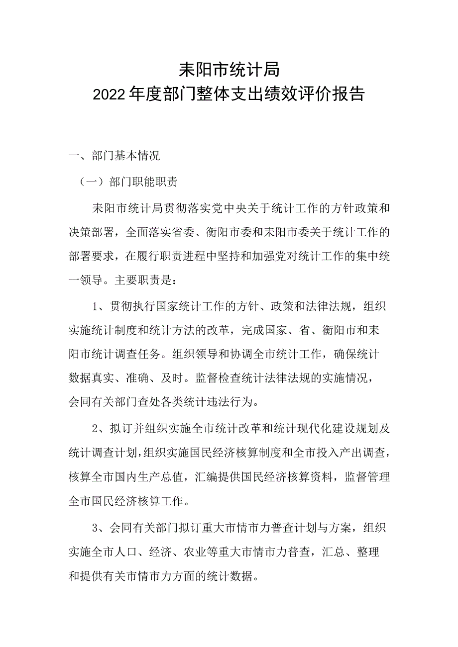 耒阳市统计局2022年度部门整体支出绩效评价报告.docx_第1页